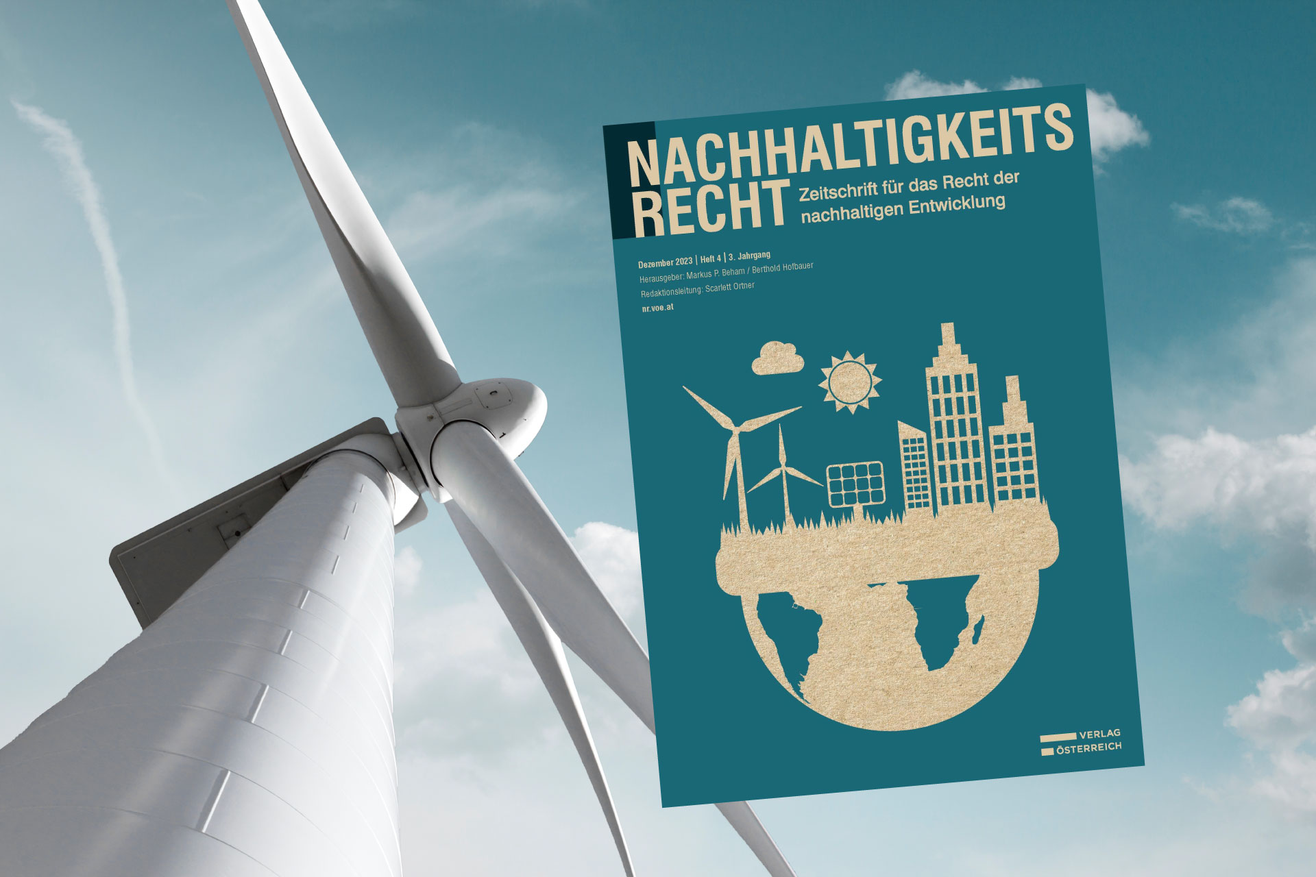 Bild vom Cover der Zeitschrift Nachhaltigkeitsrecht und einem Windrad